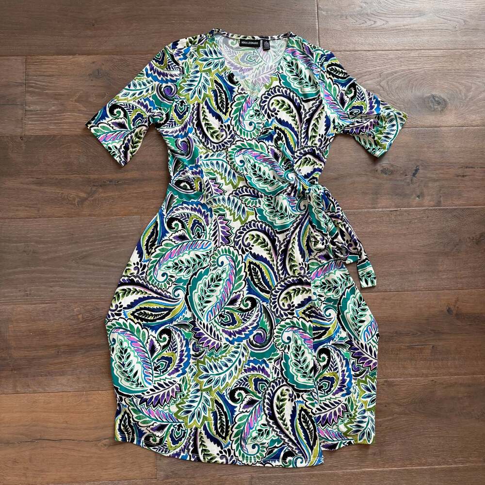 Nina Leonard Elbow-Sleeve Floral Wrap Dress~ Green, Purple, Blue ~ Sz Small NWOT